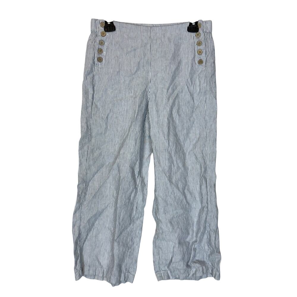 J.Jill Love Linen‎ Pants Womens XS Blue Striped Side Button High Rise Wide Leg